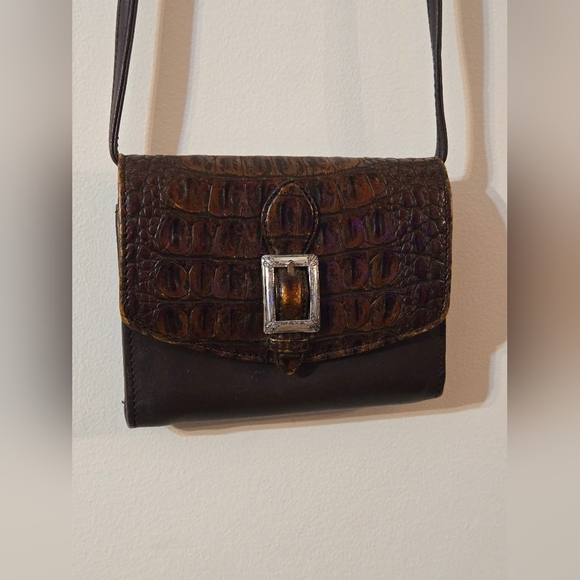 Brighton Crossbody Wallet In Black Leather With Brown Crocodile Embossed Design - Picture 1 of 17